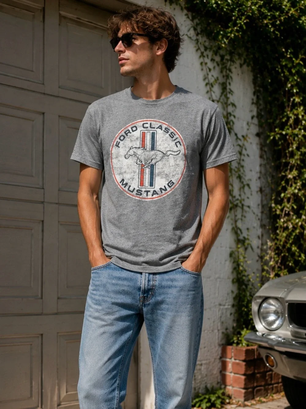 Ford Classic Mustang Graphic Tee Gray Adult Medium Distressed Retro T-Shirt - Picture 3 of 8